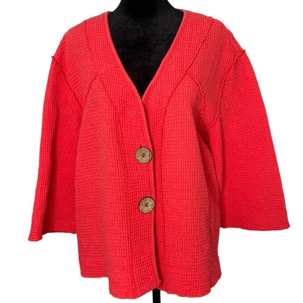 Lulu-B Size M Cardigan Textured Cotton Wooden Buttons Lagenlook Waffle Knit